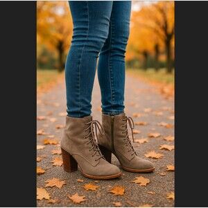 Kork Ease ELFA Leather Ankle Boots Women's 8.5 Lace Up Block Heel Zip Gray Suede